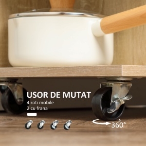 Carucior de bucatarie modern, carucior mobil de depozitare cu sertar, polita cu 3 niveluri, dulap cu usa din sticla, pentru sufragerie, natural - Img 5