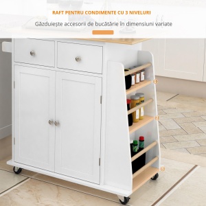 Carucior de bucatarie suport condimente cu 3 niveluri si 4 roti din MDF si PAL, 89x45x89.5cm, alb - Img 5