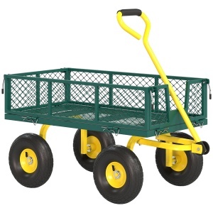 Cărucior de Grădină Robust, Rimorcă din Oțel cu Panouri Demontabile, Convertibil în Platformă, Roți de 25 cm, Mâner Rotativ la 180°, Capacitate 200 kg, pentru Plajă, Gazon și Grădină, Verde