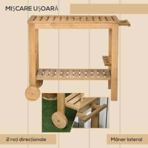 Cărucior de Servire pentru Grădină din Lemn de Brad, Cărucior cu Rafturi și Suport pentru Sticle, 95x47x74 cm, Natural - Img 5