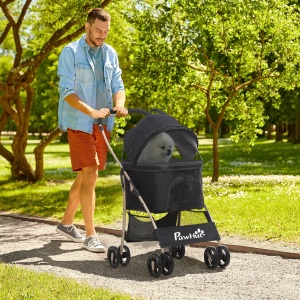 Carucior Detasabil pentru Animale de Companie, Carucior de Calatorie 3 in 1 pentru Caini si Pisici, Geanta de Transport Pliabila cu Roti Universale cu Frana, Copertina Cos de Depozitare, Negru - Img 2