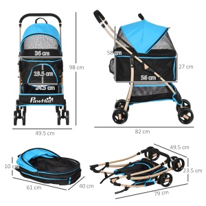 Cărucior pentru Câini Pliabil și Convertibil în Geantă de Transport cu 2 Lese și Pernă, 82x49.5x98 cm, Albastru - Img 3