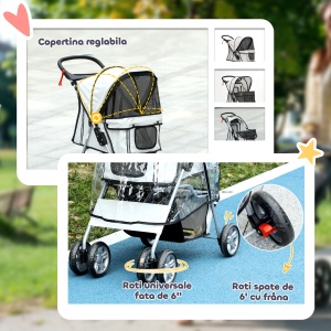 Cărucior Pliabil pentru Câini până la 10 kg cu Copertină Împotriva Ploii, 75x45x97 cm, Gri - Img 5