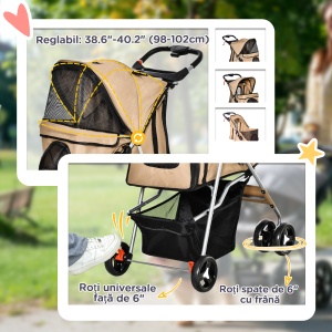 Cărucior Pliant pentru Câini cu Suport pentru Pahare, Coș de Depozitare și 3 Ferestre, 75x46x94 cm, Maro - Img 6