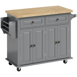 Căruț de Bucătărie cu 2 Sertare și 2 Dulapuri, Insulă de Bucătărie cu Blat din Lemn, 111x44,5x82,5 cm, Gri - Img 1