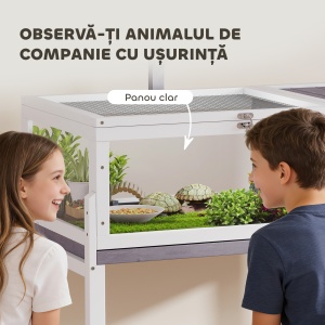 Casă pentru Țestoase Înălțată cu Separator, Sertar și 2 Capace, Teren pentru Țestoase din Lemn de Brad și PS, 104x53x82 cm, Gri și Alb - Img 6