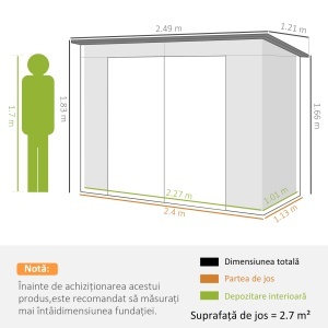 Căsuță de Depozitare de Grădină 2.7m² din Metal, Exterior cu Uși Duble și 2 Guri de Aerisire, Gri - Img 3