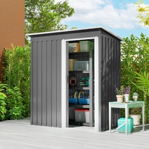 Căsuță de Grădină Exterior 1,16 m² 163x89x182 cm din Metal cu Ușă Culisantă și Acoperiș Înclinat, Gri - Img 2