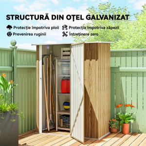 Căsuță pentru Grădină 1.07m² din Oțel Galvanizat, Căsuță pentru Unelte cu Ușă Blocabilă, Acoperiș Înclinat, 142x86x189 cm, Imitatie Lemn - Img 3