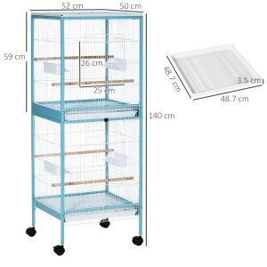 Colivie pentru Pasari 2 in 1 Voliera pentru Interior cu 4 Roti Pivotante, Tavi Detasabile si Recipiente din plastic, 51,5x50x140cm, Albastra - Img 3