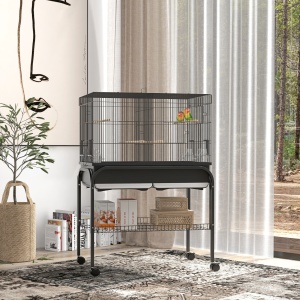 Colivie pentru Păsări de Interior cu Tăviță, Raft și Roți, Volieră din Oțel pentru Perusi, Canari, Nimfe și Papagali, Negru, 85 x 49 x 119 cm - Img 2