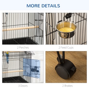 Colivie pentru Pasari pentru Interior din Otel si Lemn cu Tava Detasabila. 4 Roti, Recipient pentru Aliemnte, 51,5x50x140cm, Neagra - Img 7
