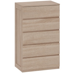 Comodă cu 5 Sertare, Mobilier Îngust, Sertare cu Ghidaje Metalice și Mânere Canelate, Alb