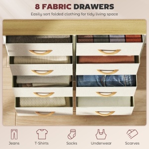Comodă, Dulap Dublu cu 8 Sertare din Material Textil - Bej - Img 4