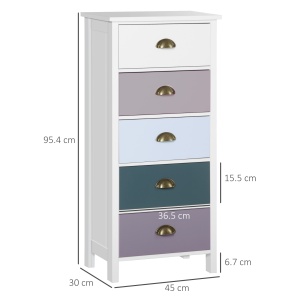 Comodă pentru Dormitor cu 5 Sertare Colorate, cu Mânere Metalice, 45x30x95.4 cm, Multicolor - Img 3