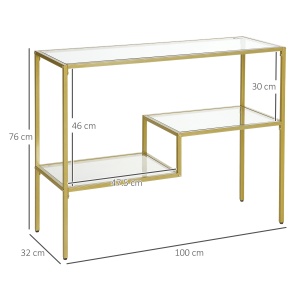 Consola aurie, Masuta de cafea din sticla temperata 100 cm, Masa pentru hol cu rafturi de depozitare, Cadru din otel pentru sufragerie, Hol - Img 3