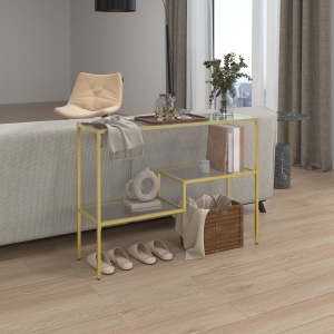 Consola aurie, Masuta de cafea din sticla temperata 100 cm, Masa pentru hol cu rafturi de depozitare, Cadru din otel pentru sufragerie, Hol - Img 8
