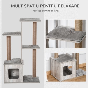 Copac de zgariat pentru Pisici pe mai multe nivele, Casuta si Franghii din Iuta, Gri - Img 5
