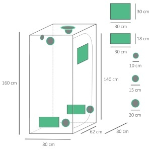 Cort Hidroponic din Oxford 600D cu 5 Orificii de Ventilație Reglabile și Fereastră, 80x80x160 cm, Negru - Img 3