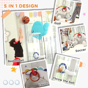 Coș de Baschet pentru Copii 5 în 1 cu Înălțime Reglabilă, Poartă de Fotbal și Golf, 46x51x134-152 cm, Multicolor - Img 5