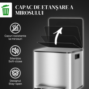Coș de Gunoi cu 2 Compartimente de 15L cu Pedală, și Capac Silențios din Oțel, 41,8x36,7x44 cm, Argintiu - Img 6