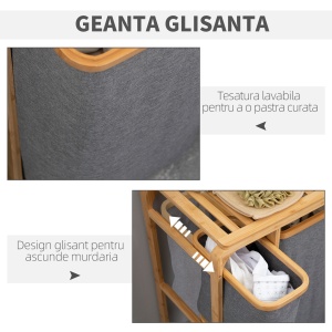 Cos de rufe din bambus , cos de rufe cu 3 pungi glisante din material textil si raft deschis, cos de spalat cu 3 sectiuni, economiseste spatiu, natural - Img 5