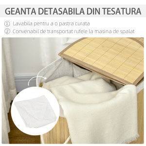 Cos de rufe din bambus cu capac, 100 litri cu 2 sectiuni, captuseala detasabila lavabila, 62,5 x 37 x 60,5 cm, natural - Img 5