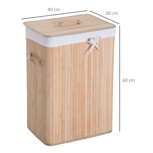 Cos de rufe din bambus cu capac si geanta detasabila din material, 40x30x60cm, natural - Img 3