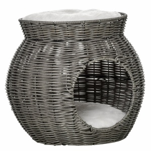 Cos pentru Pisici din rattan PE cu 2 Niveluri cu Perne de Plus Lavabile, Φ50x43.5cm - Gri Inchis - Img 1