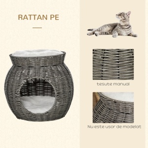 Cos pentru Pisici din rattan PE cu 2 Niveluri cu Perne de Plus Lavabile, Φ50x43.5cm - Gri Inchis - Img 5