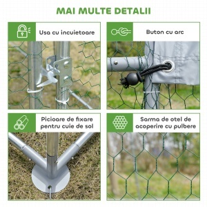 Coteț pentru Găini de Exterior, 2.8x3.8x2m Recintă din Oțel Zincat cu Acoperiș Impermeabil Anti-UV și Încuietoare, Găini, Iepuri și Rațe - Img 7