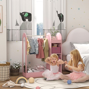 Cuier Copii – Cu Rafturi, Cuti & Oglinda, 92×36×106 cm Roz - Img 2