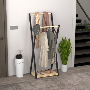 Cuier de Podea din Lemn cu 2 Bare, Suport pentru Haine Autoportant Modern cu Raft Inferior, 61x45x152 cm, Natural - Img 2