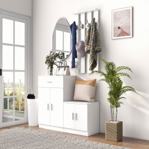 Cuier Hol Lemn Alb – 100×32×187 cm cu Dulap & Rafturi - Img 7