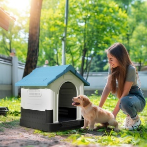 Cușcă pentru Câini de Exterior din Plastic, Căsuță pentru Câini Mici cu Ferestre, Acoperiș Înclinat și Bază Ridicată, 64,5 x 57 x 66 cm, Albastru - Img 2
