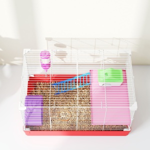 Cusca pentru Hamsteri cu 2 Nivele din Metal si PP cu Casuta, Rezervor de apa, Roti si Farfurioare, 47x30x27 cm, Rosu si Alb - Img 8