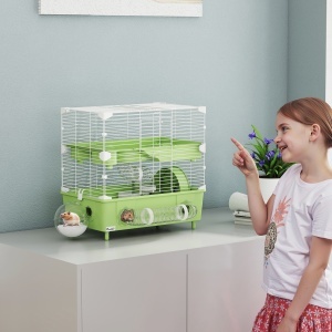 Cușcă pentru Hamsteri cu 2 Nivele și 3 Uși cu Roată și Tuburi, din Oțel, PS și PP, 44.5x28x44 cm, Verde și Alb - Img 2