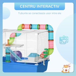 Cușcă pentru Hamsteri cu 3 Nivele, Tub, Roată de Alergat, Sticlă de Apă și Bol de Mancare, 59x36x47 cm, Albastru - Img 7