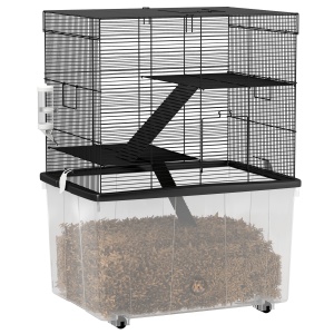 Cușcă pentru Hamsteri cu 3 Niveluri, Bază Adâncă, Roți Rampe, Bol și Sticlă, 58x43x74 cm, Negru - Img 1