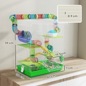 Cușcă pentru Hamsteri cu 5 Niveluri, Tuburi Colorate, Roată, Căsuță și Accesorii, 47x30x59 cm, Verde - Img 3