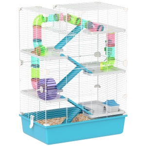 Cușcă pentru Hamsteri cu 6 Nivele, Tuneluri, Căsuță, Sticlă de Apă, Rampe, 2 Uși și Roată, 58x36x81 cm, Albastru - Img 1