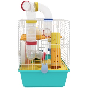 Cușcă pentru Hamsteri cu Roată, Căsuță, Bol, Rampe și Recipient Apă, Cușcă pentru Gerbili din Oțel, PS și PP, 45x28x37 cm, Alb și Albastru - Img 9