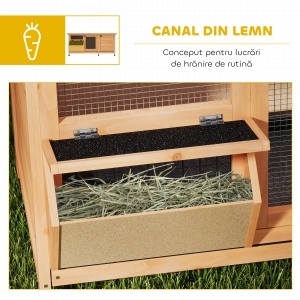 Cușcă pentru Iepuri din Lemn de Exterior cu Acoperiș din Asfalt, Căsuță cu Uși, Tăvi Detașabile și Hrănitoare, 112x50x54 cm, Galben - Img 6