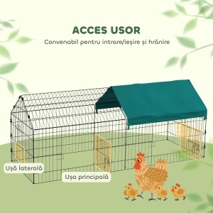 Cușcă pentru Iepuri și Găini de Exterior și Interior cu Protecție Solară și Grilaj Metalic, Coteț Recint pentru Animale Mici, Găini, 185x75x75 cm, Verde - Img 4