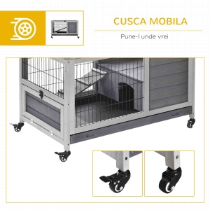 Cușcă pentru Iepuri și Porcușori de Guinea din Lemn cu Căsuță și Rampă, 90x53x59 cm, Gri - Img 7