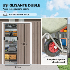 Depozit de Grădină din Oțel cu 2 Ventilații și 2 Uși Glisante, 280x130x172 cm, Maro Lemn - Img 5