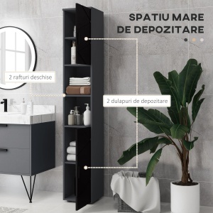 Dulap Baie, Inalt de 183cm, Dulap cu 2 rafturi deschise si doua dulapuri cu 2 nivele, Negru - Img 4