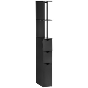 Dulap cu coloana din lemn ce economie de spatiu, dulap de baie cu rafturi, dulap si sertare, negru, 15x33x136cm - Img 1