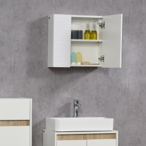 Dulap cu oglinda de baie din placi aglomerate si sticla, cu 4 rafturi reglabile si design de perete, 48x15x45 cm, alb - Img 7