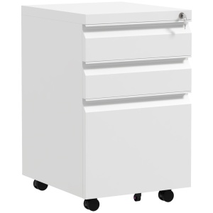 Dulap de Arhivare Mobil cu 3 Sertare, Comodă cu Roți din Oțel, Inchidere cu Cheie, Format A4, 37x43,5x60 cm, Alb